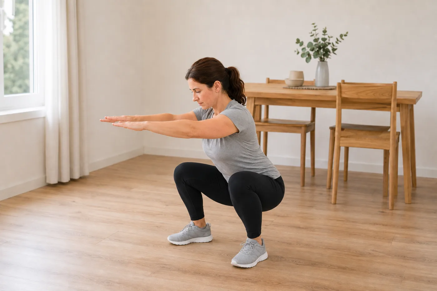 Femme en position basse d’un squat, vue de profil, dos droit.