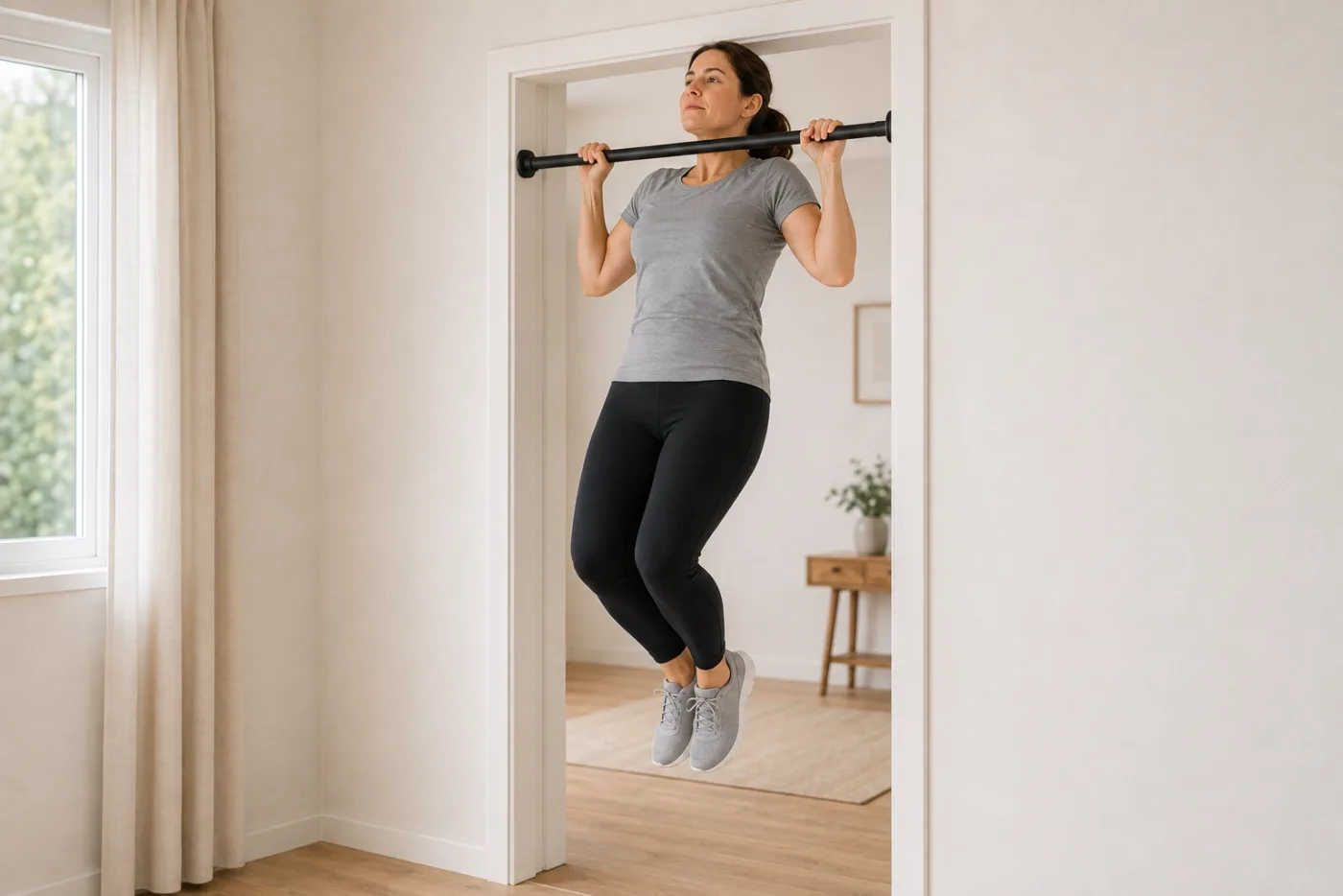 Femme réalisant une traction complète, menton au-dessus de la barre.